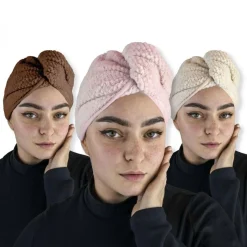 Lot de 3 serviettes turban pour cheveux - Microfibre - Beige rose et marron