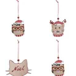 Lot de 4 Sujets de Noël Chat 12cm Beige & Rouge