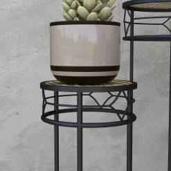 Lot de 3 supports pot de fleurs plateaux aspect rotin métal doré noir
