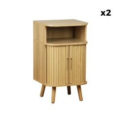Lot de 2 tables de chevet 2 portes coulissantes + 1 niche effet bois rainuré. L 40 x P 40 x H 70cm