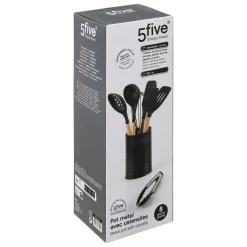 Lot de 7 ustensiles manche bois avec pot - Noir