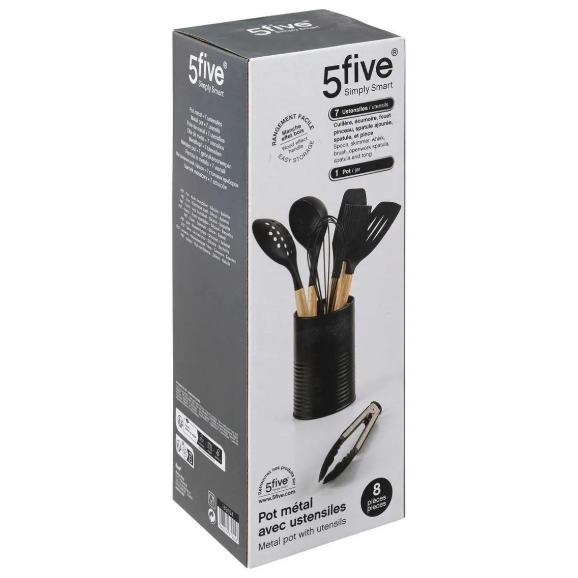 Lot de 7 ustensiles manche bois avec pot - Noir