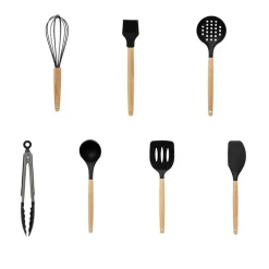 Lot de 7 ustensiles manche bois avec pot - Noir