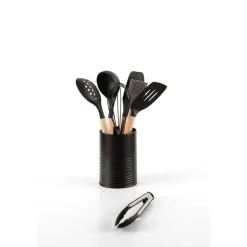 Lot de 7 ustensiles manche bois avec pot - Noir