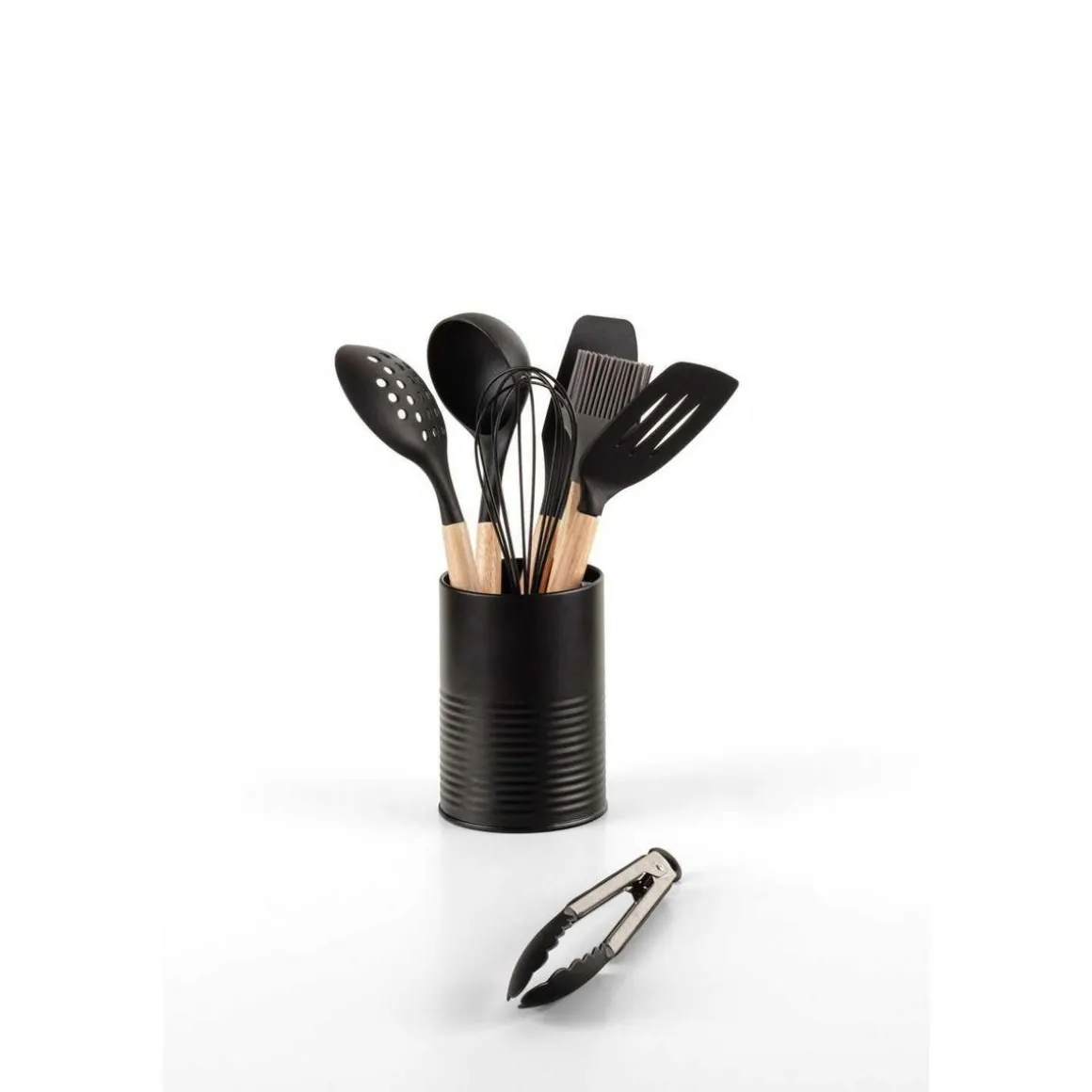 Lot de 7 ustensiles manche bois avec pot - Noir