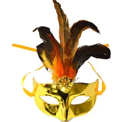 Loup Vénitien Or - Plumes Orange et Noires