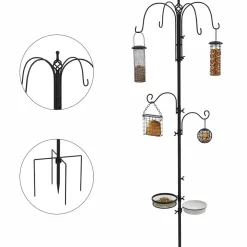 Mangeoire à oiseaux complet H.2,26 m style rustique chic - 6 crochets réglables, 4 mangeoires, plateau d'alimentation, grand bain, 4 piquets d'ancrage au sol - acier époxy aspect fer forgé