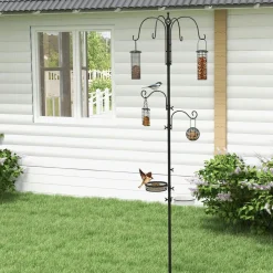 Mangeoire à oiseaux complet H.2,26 m style rustique chic - 6 crochets réglables, 4 mangeoires, plateau d'alimentation, grand bain, 4 piquets d'ancrage au sol - acier époxy aspect fer forgé