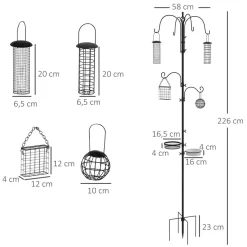 Mangeoire à oiseaux complet H.2,26 m style rustique chic - 6 crochets réglables, 4 mangeoires, plateau d'alimentation, grand bain, 4 piquets d'ancrage au sol - acier époxy aspect fer forgé