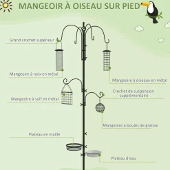 Mangeoire à oiseaux complet H.2,26 m style rustique chic - 6 crochets réglables, 4 mangeoires, plateau d'alimentation, grand bain, 4 piquets d'ancrage au sol - acier époxy aspect fer forgé