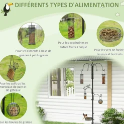 Mangeoire à oiseaux complet H.2,26 m style rustique chic - 6 crochets réglables, 4 mangeoires, plateau d'alimentation, grand bain, 4 piquets d'ancrage au sol - acier époxy aspect fer forgé