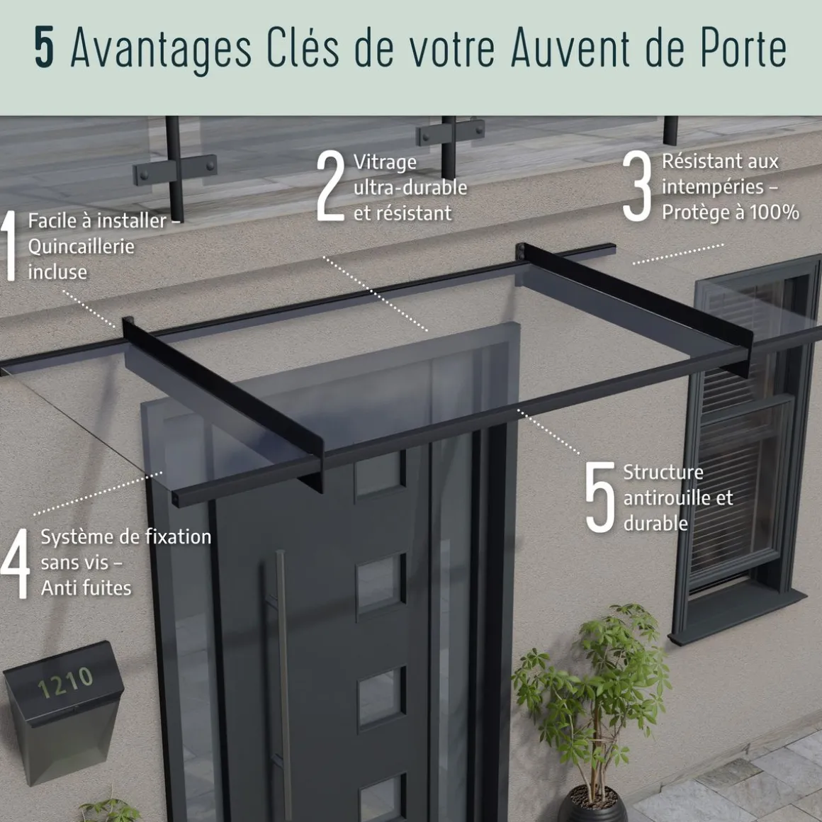 Marquise 95 x 160 cm Anthracite/Blanc translucide - SOPHIA 1600