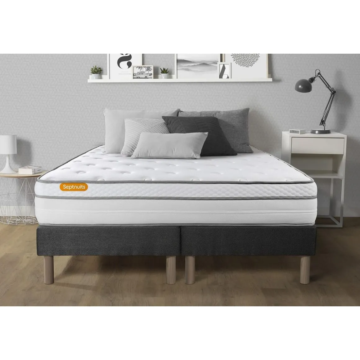 Matelas + double sommiers gris Memo Luxe Ressorts ensachés + mémoire de forme 5 zones de confort MAXI épaisseur