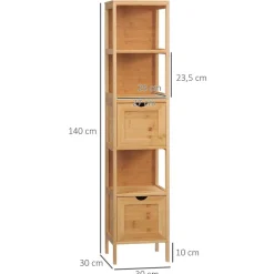Meuble colonne rangement salle de bain bambou design cosy naturel 2 tiroirs 3 niches H. 140 cm