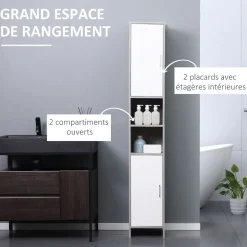 Meuble colonne rangement salle de bain dim. 30L x 30l x 180H cm 2 placards avec étagère + 2 niches panneaux particules aspect ciment blanc