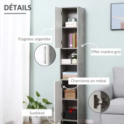 Meuble colonne rangement salle de bain dim. 30L x 30l x 180H cm 2 placards avec étagère + 2 niches panneaux particules aspect ciment blanc