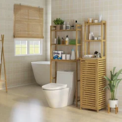 Meuble colonne salle de bain style naturel porte niche 4 étagères bambou