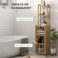 Meuble colonne salle de bain style naturel porte niche 4 étagères bambou