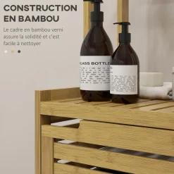 Meuble colonne salle de bain style naturel porte niche 4 étagères bambou