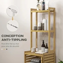 Meuble colonne salle de bain style naturel porte niche 4 étagères bambou