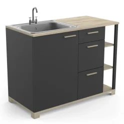 Meuble de cuisine bas 1 porte 3 tiroirs 3 niches style industriel L120cm MARKET