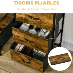 Meuble de rangement colonne design industriel - 3 tiroirs, niche, étagère - châssis acier noir MDF aspect bois avec veinage