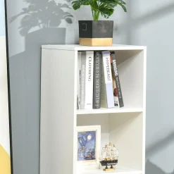 Meuble de rangement colonne design scandinave - 3 niches, placard porte - piètement effilé incliné bois pin panneaux particules blanc