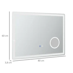 Miroir lumineux LED salle de bain dim. 80L x 60H cm anti-buée grossissant x3 réglable fonction mémoire