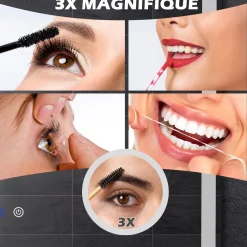 Miroir lumineux LED salle de bain dim. 80L x 60H cm anti-buée grossissant x3 réglable fonction mémoire