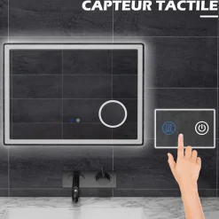 Miroir lumineux LED salle de bain dim. 80L x 60H cm anti-buée grossissant x3 réglable fonction mémoire