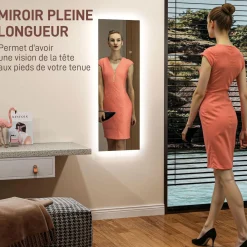 Miroir mural LED pleine longueur dim. 40L x 120H cm - miroir LED réglable tactile - verre trempé
