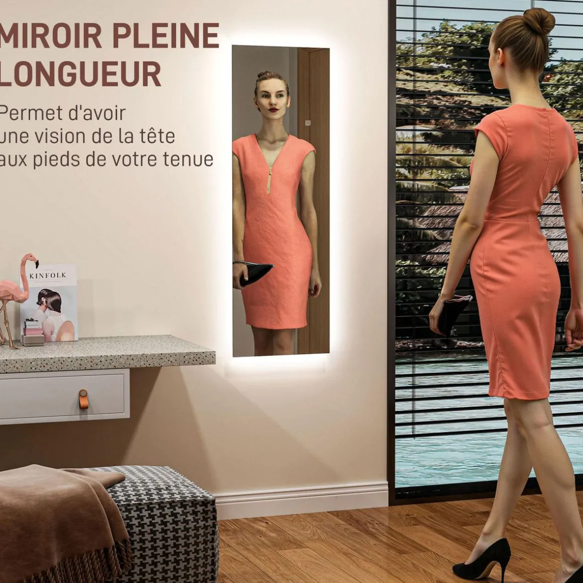 Miroir mural LED pleine longueur dim. 40L x 120H cm - miroir LED réglable tactile - verre trempé