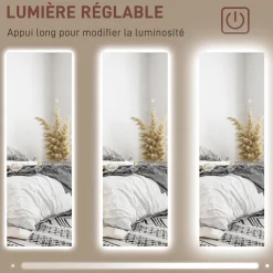 Miroir mural LED pleine longueur dim. 40L x 120H cm - miroir LED réglable tactile - verre trempé