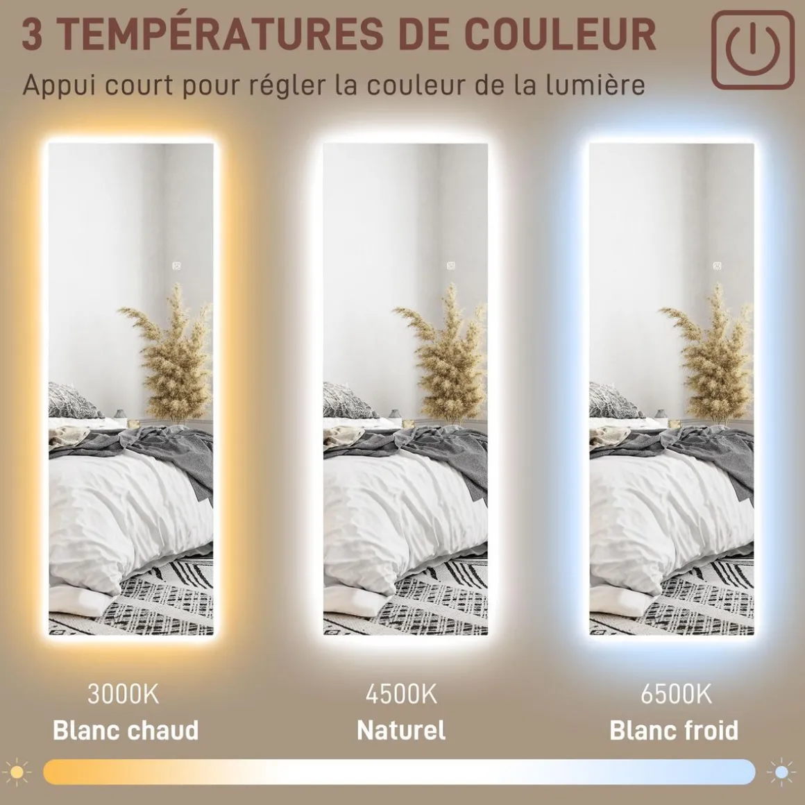 Miroir mural LED pleine longueur dim. 40L x 120H cm - miroir LED réglable tactile - verre trempé