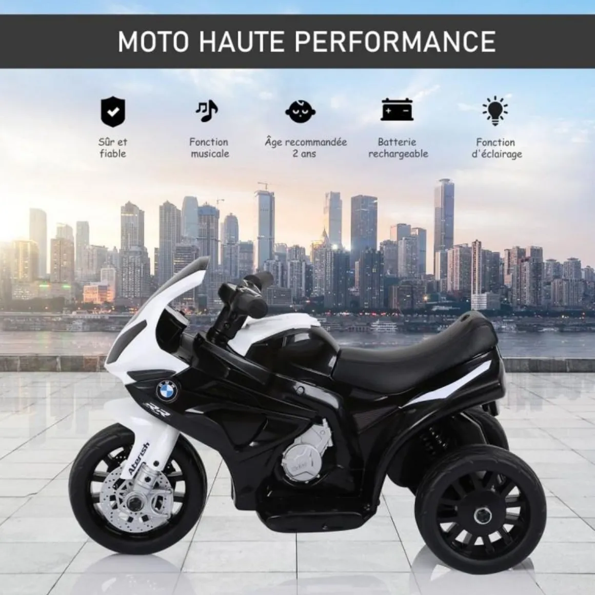 Moto Electrique BMW S1000, 25W pour Enfant, 3 Roues, Système Audio et Phares Fonctionnels