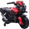 Moto électrique enfant 6 V 3 Km/h effet lumineux et sonore roulettes amovibles repose-pied valises latérales métal PP rouge noir