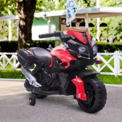 Moto électrique enfant 6 V 3 Km/h effet lumineux et sonore roulettes amovibles repose-pied valises latérales métal PP rouge noir