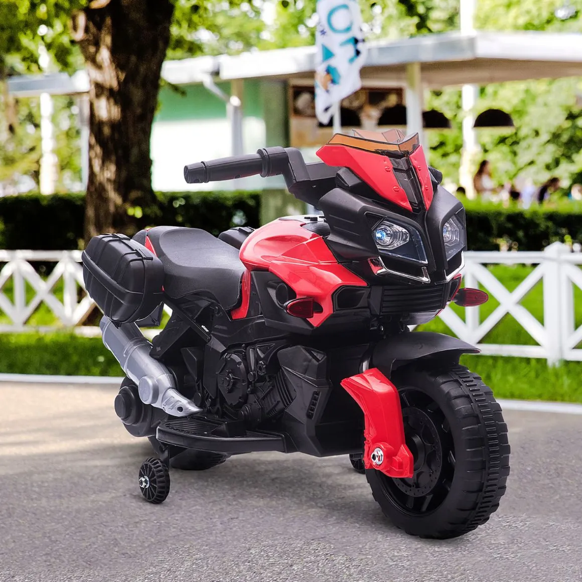 Moto électrique enfant 6 V 3 Km/h effet lumineux et sonore roulettes amovibles repose-pied valises latérales métal PP rouge noir