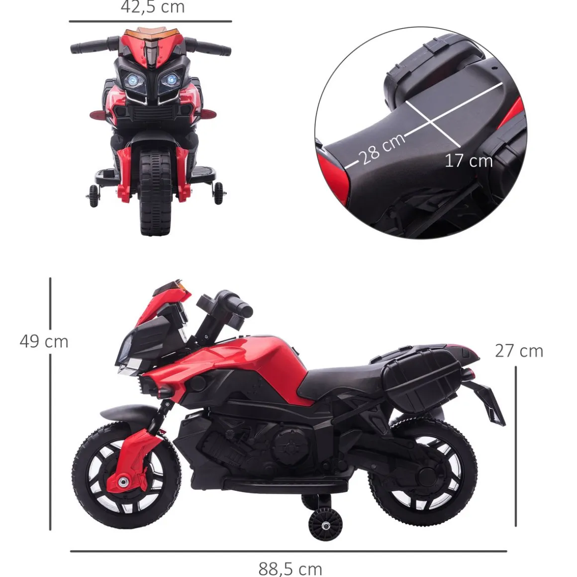 Moto électrique enfant 6 V 3 Km/h effet lumineux et sonore roulettes amovibles repose-pied valises latérales métal PP rouge noir