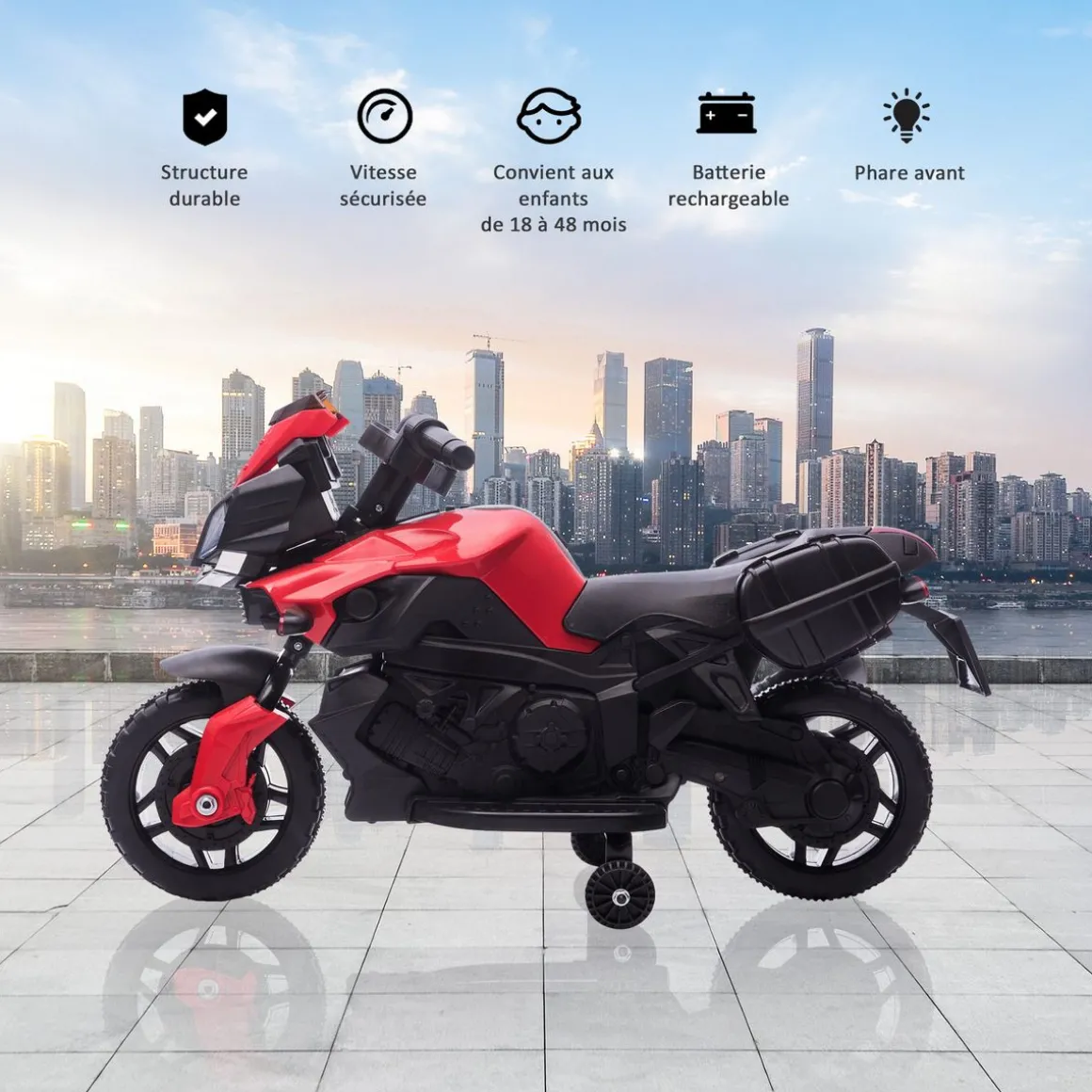 Moto électrique enfant 6 V 3 Km/h effet lumineux et sonore roulettes amovibles repose-pied valises latérales métal PP rouge noir