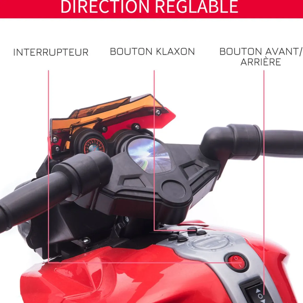 Moto électrique enfant 6 V 3 Km/h effet lumineux et sonore roulettes amovibles repose-pied valises latérales métal PP rouge noir