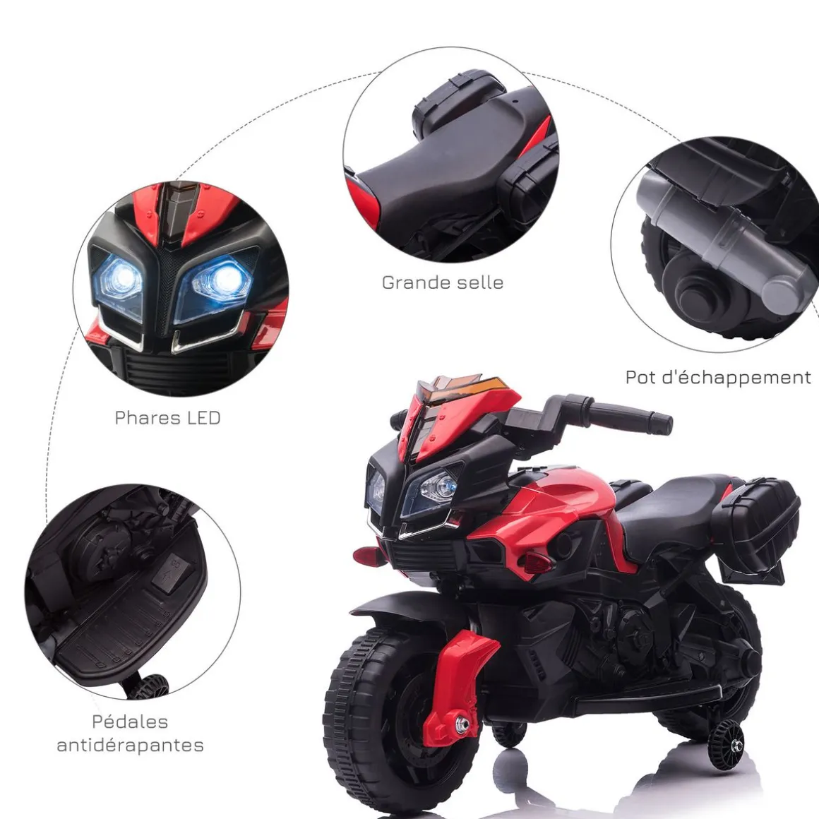 Moto électrique enfant 6 V 3 Km/h effet lumineux et sonore roulettes amovibles repose-pied valises latérales métal PP rouge noir