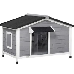 Niche chien style cottage - 2 fenêtres, porte, toit ouvrant bitumé - bois sapin gris