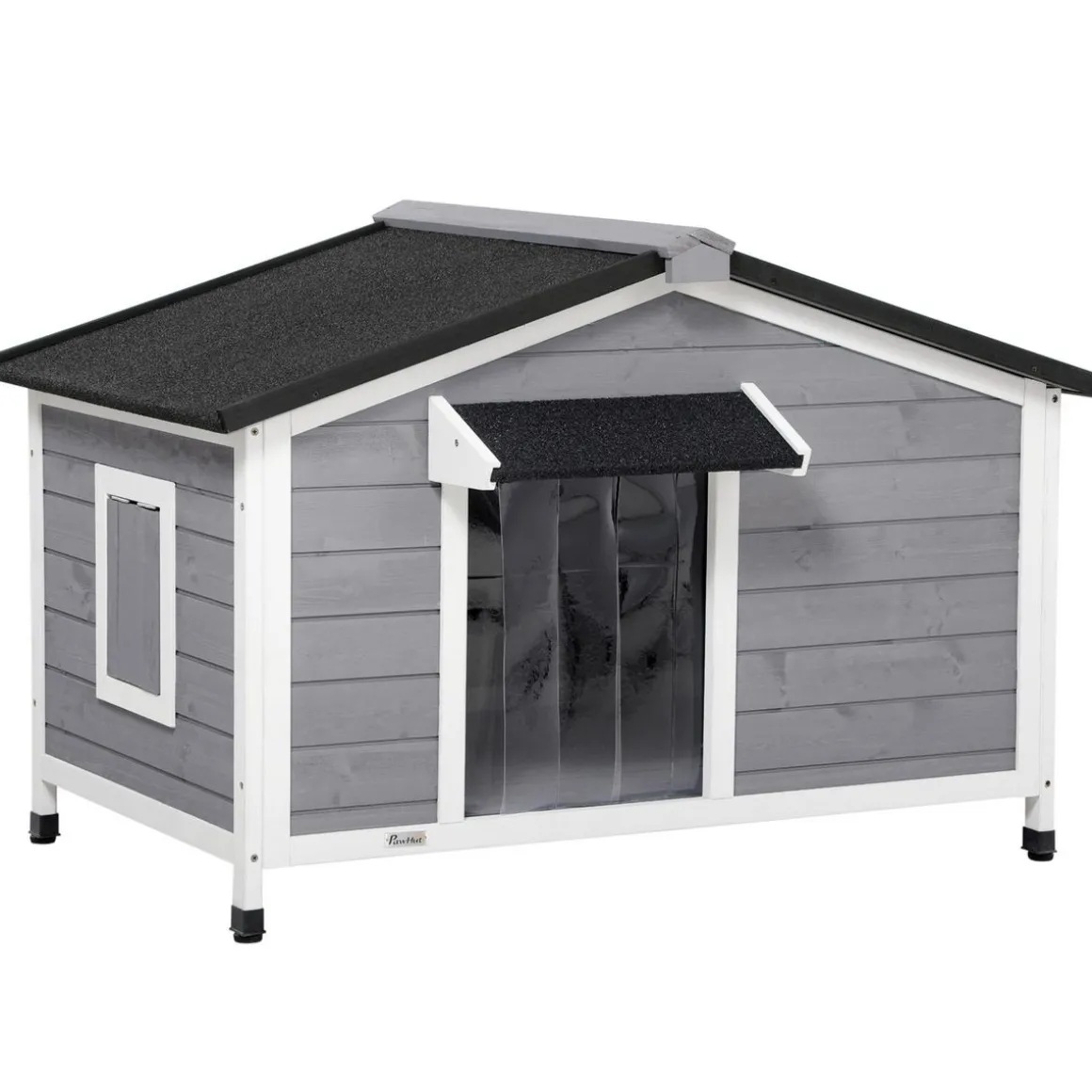 Niche chien style cottage - 2 fenêtres, porte, toit ouvrant bitumé - bois sapin gris