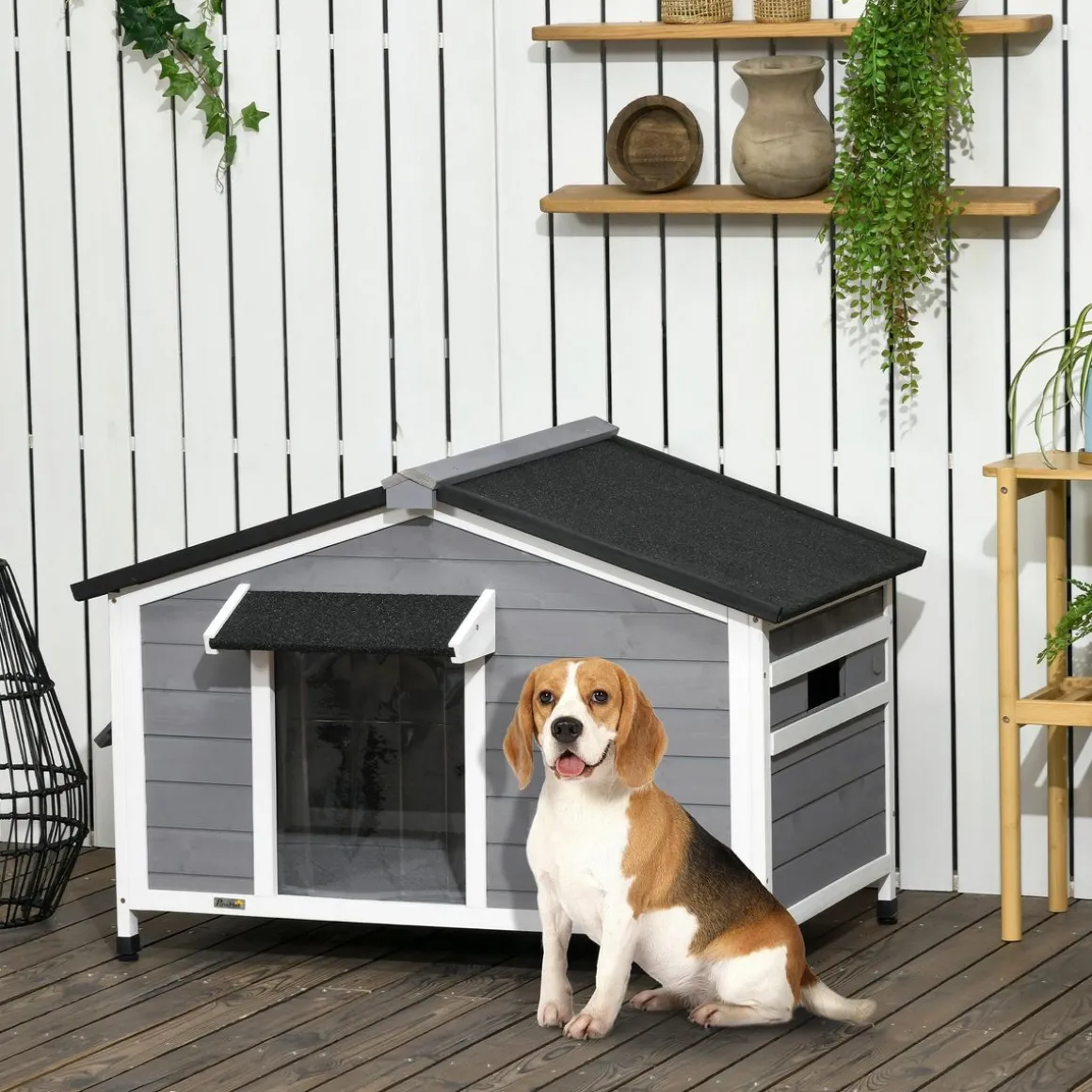 Niche chien style cottage - 2 fenêtres, porte, toit ouvrant bitumé - bois sapin gris