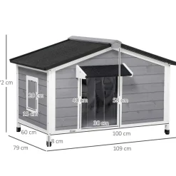Niche chien style cottage - 2 fenêtres, porte, toit ouvrant bitumé - bois sapin gris