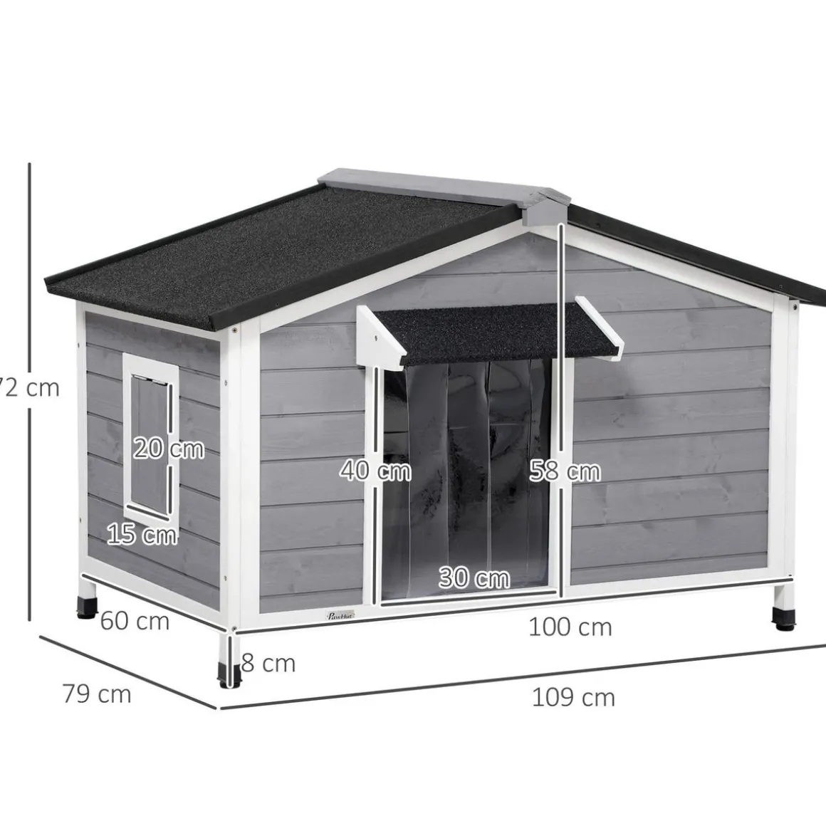 Niche chien style cottage - 2 fenêtres, porte, toit ouvrant bitumé - bois sapin gris
