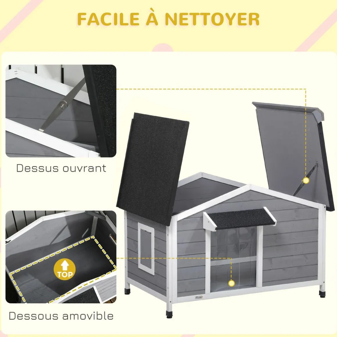 Niche chien style cottage - 2 fenêtres, porte, toit ouvrant bitumé - bois sapin gris