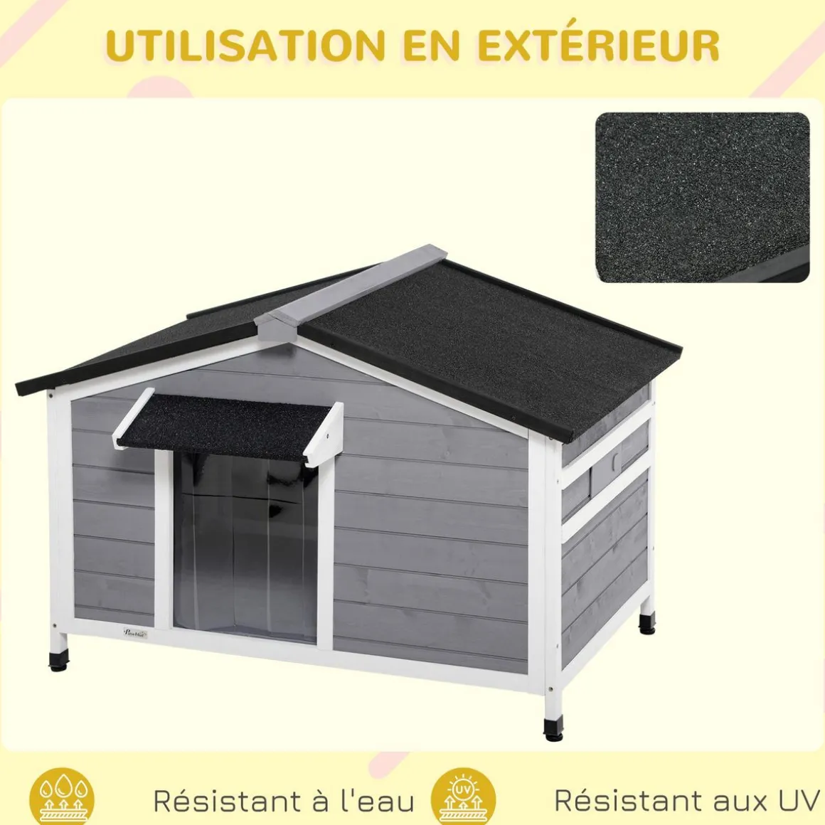 Niche chien style cottage - 2 fenêtres, porte, toit ouvrant bitumé - bois sapin gris