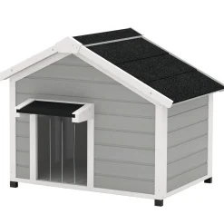Niche chien sur pied design cottage - toit bitumé ouvrant, 2 portes, rideau à lanières - bois blanc gris